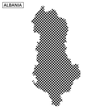 Arnavutluk 'un coğrafi planının yaratıcı bir nokta modeli tarzıyla ayrıntılı bir şekilde temsil edilmesi, ülkenin şeklini vurguluyor.