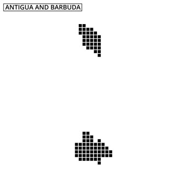 Antigua ve Barbuda 'nın siyah noktalarla ana hatlarını gösteren bir harita, Karayip adalarının coğrafyasını ve konumunu vurguluyor..