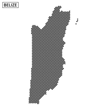 Belize haritasının coğrafi hatlarını ve kıyı bölgelerini vurgulayan siyah ve beyaz çizimi.
