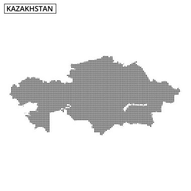 Kazakistan haritasının noktalı bir temsili, ülkenin geniş alanının altını çizerek coğrafi şeklini ve sınırlarını gösteriyor.