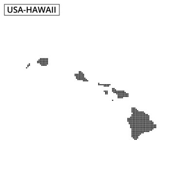 Bu görsel, Hawaii 'nin adaların coğrafi yerleşimini gösteren noktalı bir haritasını gösteriyor..