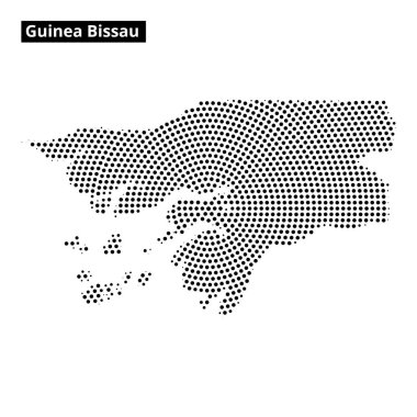 Bu görsel görüntüler, Gine Bissau 'nun özgün şeklini ve etrafındaki adaları yaratıcı bir tarzda vurgulayan noktalı bir ana hatlarını gösteriyor..