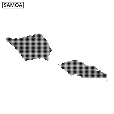 Bu görsel Samoa 'nın noktalı bir haritasını gösterir, kilit adalarını ve coğrafi özelliklerini minimalist bir dizaynda vurgular..