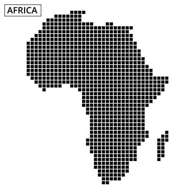 Siyah noktalı çizgiler Afrika kıtasını gösteriyor, coğrafi şeklini ve belirgin özelliklerini en az detayla vurguluyor..