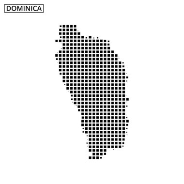 Dominica 'nın ana hatlarının ayrıntılı bir temsili, adanın şeklinin vurgulandığı açık bir zemin üzerinde küçük siyah kareler kullanılarak oluşturuldu..