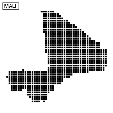 Noktalı bir harita, Mali 'nin coğrafi şeklini ve önemli bölgelerini vurgulayan ana hatlarını gösterir.