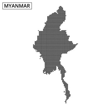 Myanmar 'ın eşsiz coğrafi hatlarını vurgulayan noktalı desenli haritasının net bir tasviri.