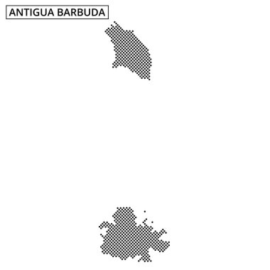 Antigua ve Barbuda 'nın siyah noktalarla ana hatlarını gösteren bir harita, Karayip adalarının coğrafyasını ve konumunu vurguluyor..
