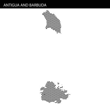 Antigua ve Barbuda 'nın siyah noktalarla ana hatlarını gösteren bir harita, Karayip adalarının coğrafyasını ve konumunu vurguluyor..