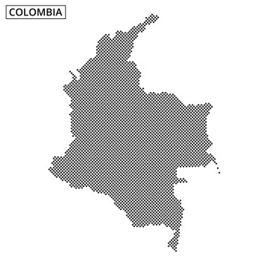 Kolombiya 'nın noktalı bir haritasında ülkenin coğrafi özellikleri ve düzenini gösteren kendine özgü dış hatları ve sınırları yer alıyor..