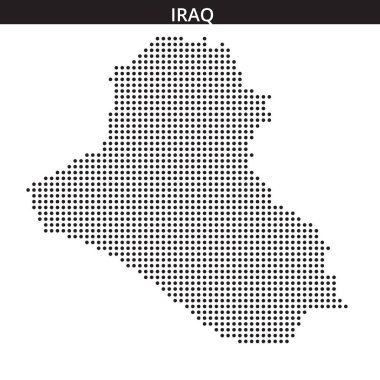 Irak 'ın ayrıntılı noktalı haritası ülkenin ana hatlarını tek renkli bir tasarım ile gösteriyor. Eserde coğrafi özellikler vurgulanıyor.