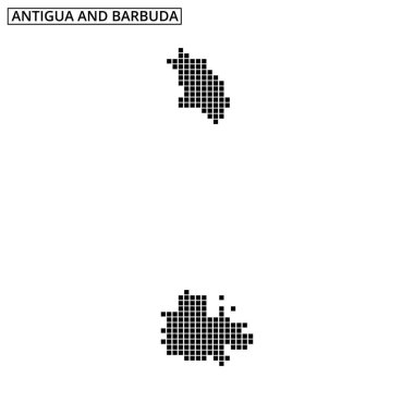 Antigua ve Barbuda 'nın siyah noktalarla ana hatlarını gösteren bir harita, Karayip adalarının coğrafyasını ve konumunu vurguluyor..