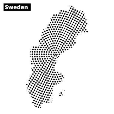 İsveç haritası noktalı bir tasarım kullanılarak gösterilir, coğrafi şekli ve sınırları daha fazla detay verilmeden vurgulanır.