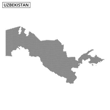 Özbekistan haritasının sanatsal temsili, ülkenin şeklini gösteren dokulu bir arka plana karşı belirlenmiş noktalı bir desen içeriyor.
