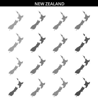 Bu grafik, benzersiz bir nokta deseni içeren Yeni Zelanda 'nın stilize edilmiş bir haritasını gösteriyor. Tasarım hem Kuzey hem de Güney Adalarına odaklanır..