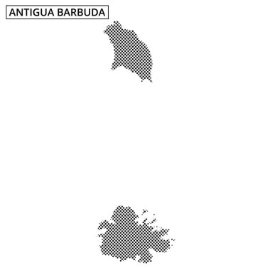 Antigua ve Barbuda 'nın siyah noktalarla ana hatlarını gösteren bir harita, Karayip adalarının coğrafyasını ve konumunu vurguluyor..