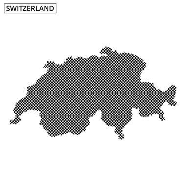 İsviçre 'nin noktalı bir temsili, ülkenin Avrupa' daki eşsiz şeklini ve konumunu vurgulayarak ülkenin coğrafi anahatlarını gösteriyor.