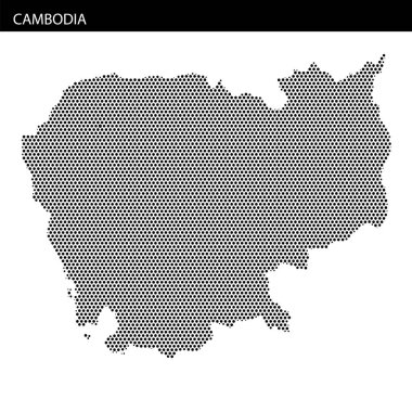Bu illüstrasyon, Kamboçya 'nın coğrafi ana hatlarını ve özelliklerini eşsiz bir sanatsal stil ile vurgulayan bir nokta gösterimi sunar..