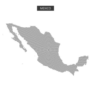 Meksika 'nın detaylı bir haritası noktalı desenler kullanılarak gösterilir, coğrafi şekli ve ana hatları açıkça gösterilir..