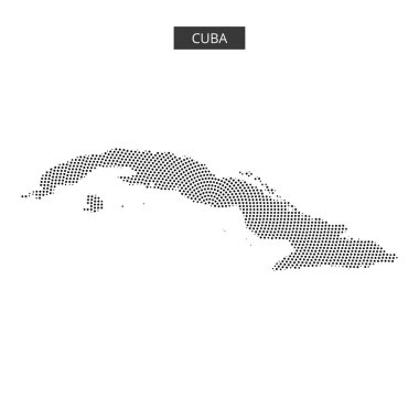 Küba 'nın silueti, coğrafi biçimini ve özelliklerini vurgulayarak dokulu bir arkaplan üzerine noktalarla vurgulanmıştır..