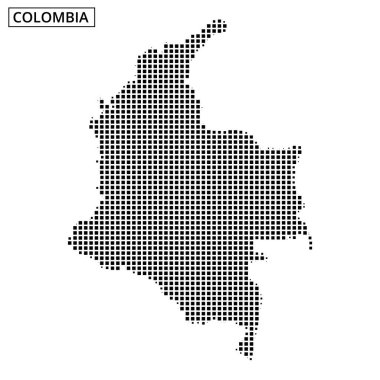 Kolombiya 'nın noktalı bir haritasında ülkenin coğrafi özellikleri ve düzenini gösteren kendine özgü dış hatları ve sınırları yer alıyor..