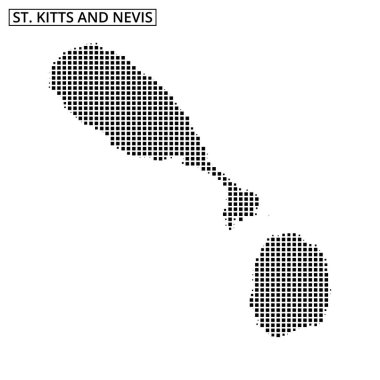 St Kitts ve Nevis 'in siyah şebeke ana hatları adaların coğrafi şekillerini vurgulayan desenli bir arka planda resmedilmiştir..