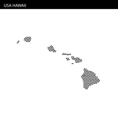 Bu görsel, Hawaii 'nin adaların coğrafi yerleşimini gösteren noktalı bir haritasını gösteriyor..