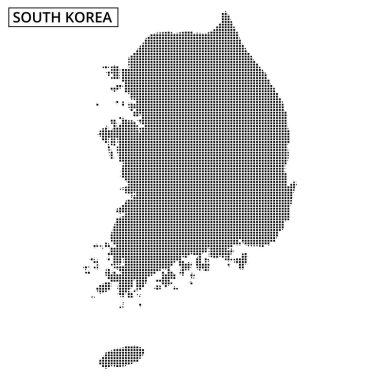 Güney Kore 'nin eşsiz şeklini düz bir arkaplanda gösteren noktalı haritası. Eğitim ve coğrafi öğrenim için ideal.