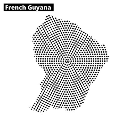 Bu illüstrasyon, Fransız Guyana 'sının eşsiz coğrafi hatlarını ve özelliklerini vurgulayan noktalı bir haritasını gösterir..
