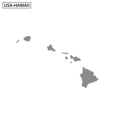 Bu görsel, Hawaii 'nin adaların coğrafi yerleşimini gösteren noktalı bir haritasını gösteriyor..