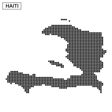 Bu harita Haiti 'nin ana hatlarını beyaz bir arkaplan karşısında noktalı bir dokuda gösteriyor, coğrafi şeklini vurguluyor..
