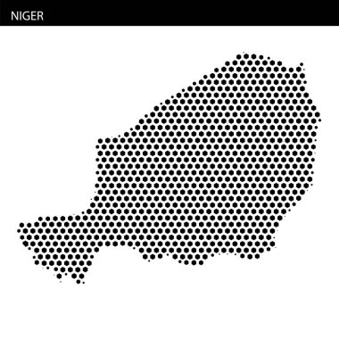 Nijer 'in noktalı bir temsili ülkenin şekil ve coğrafi özelliklerini siyah ve beyaz olarak sergiliyor.