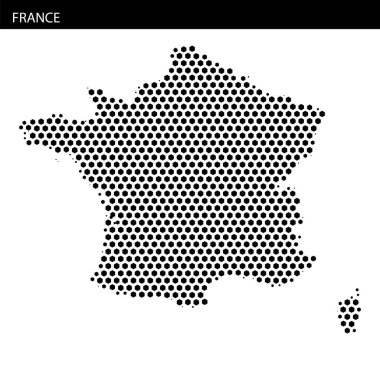Fransa 'nın coğrafi ana hatlarını ve anahtar özelliklerini oluşturmak için siyah noktalar kullanan ayrıntılı temsili.