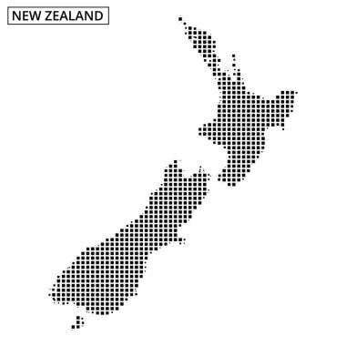 Bu grafik, benzersiz bir nokta deseni içeren Yeni Zelanda 'nın stilize edilmiş bir haritasını gösteriyor. Tasarım hem Kuzey hem de Güney Adalarına odaklanır..