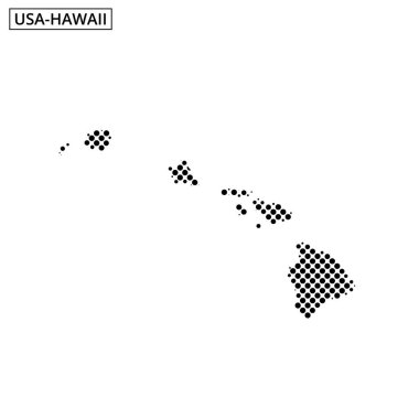Bu görsel, Hawaii 'nin adaların coğrafi yerleşimini gösteren noktalı bir haritasını gösteriyor..