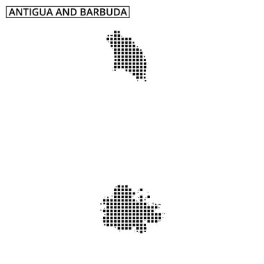 Antigua ve Barbuda 'nın siyah noktalarla ana hatlarını gösteren bir harita, Karayip adalarının coğrafyasını ve konumunu vurguluyor..