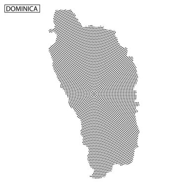 Dominica 'nın ana hatlarının ayrıntılı bir temsili, adanın şeklinin vurgulandığı açık bir zemin üzerinde küçük siyah kareler kullanılarak oluşturuldu..