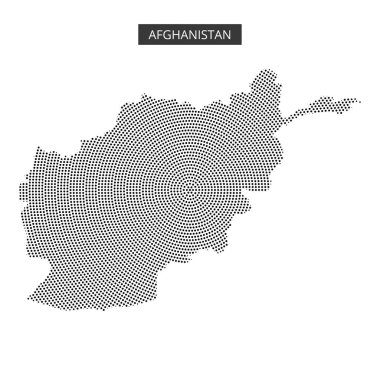 Afganistan haritası bir nokta deseni kullanılarak resmedilmiş, coğrafi hatları ve yakınlardaki ülkeleri gösteren, benzersiz şekli ve konumunu vurgulayan.