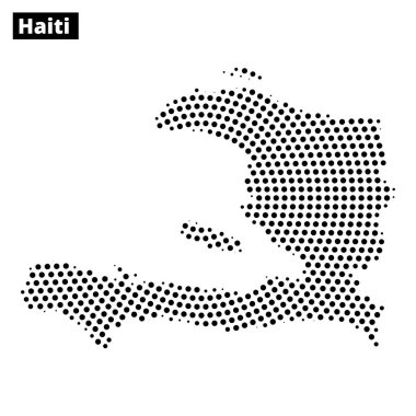 Bu harita Haiti 'nin ana hatlarını beyaz bir arkaplan karşısında noktalı bir dokuda gösteriyor, coğrafi şeklini vurguluyor..