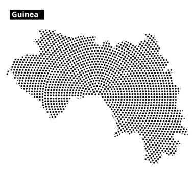 Bu görsel, Gine 'nin noktalı bir haritasını gösterir, coğrafi düzenini ve hatlarını minimalist tarzda gösterir.
