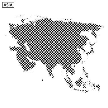 Asya 'nın coğrafi sınırlarını belirten nokta desenli bir harita, farklı bölgeleri ve ülkeleri vurguluyor..