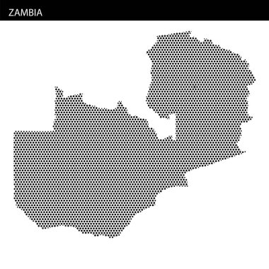 Bir dekoratif harita, Zambiya 'nın coğrafi sınırları ve özelliklerini vurgulayan noktalı bir tasarım kullanarak ana hatlarını sergiliyor.