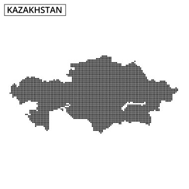 Kazakistan haritasının noktalı bir temsili, ülkenin geniş alanının altını çizerek coğrafi şeklini ve sınırlarını gösteriyor.