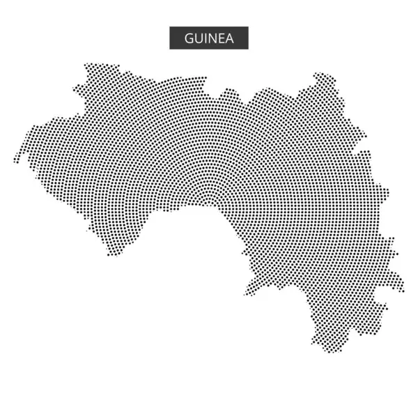 Bu görsel, Gine 'nin noktalı bir haritasını gösterir, coğrafi düzenini ve hatlarını minimalist tarzda gösterir.