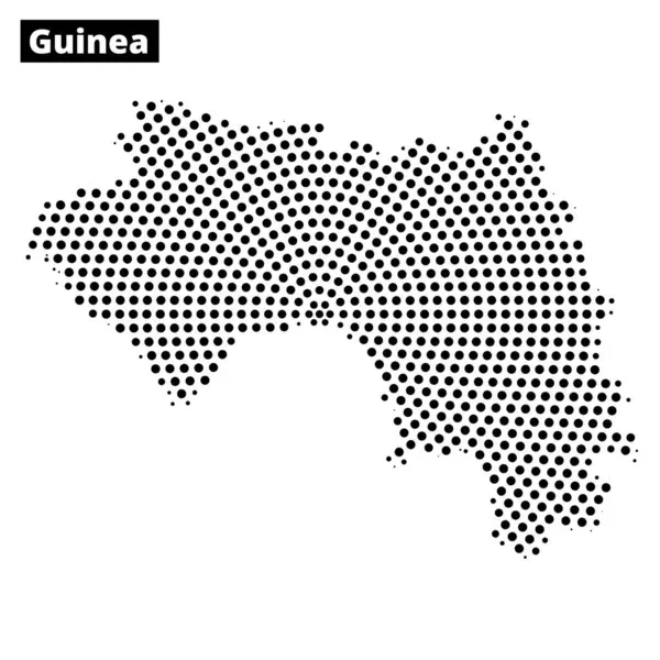 Bu görsel, Gine 'nin noktalı bir haritasını gösterir, coğrafi düzenini ve hatlarını minimalist tarzda gösterir.