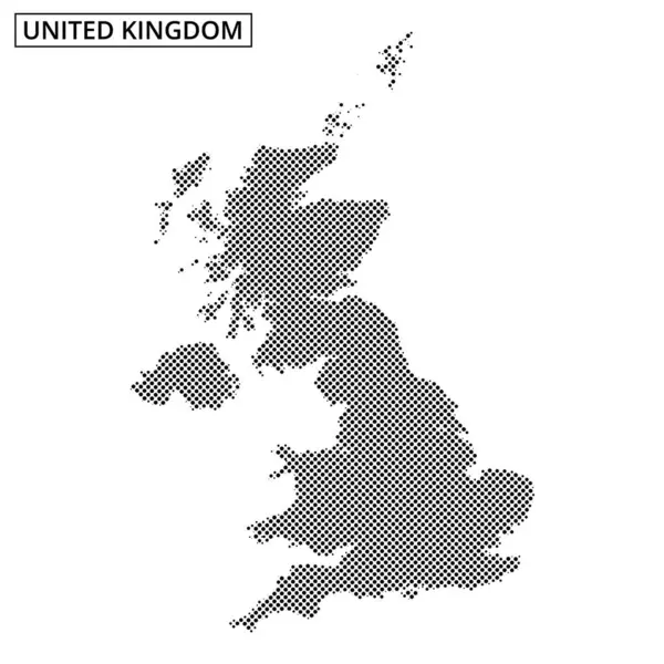 Birleşik Krallık 'ın noktalı haritası, eşsiz özelliklerini vurgulayarak, düz beyaz bir arkaplanda coğrafi şeklini gösterir..