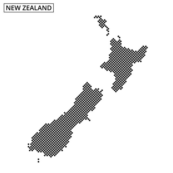 This graphic showcases a stylized map of New Zealand, featuring a unique dot pattern. The design focuses on both the North and South Islands.
