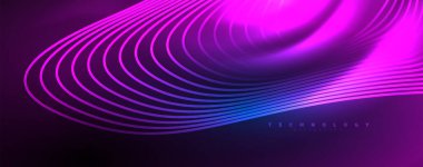 Tekno neon dalga çizgileri, dinamik elektrik hareketi, hız kavramı. Duvar kağıdı, afiş, arkaplan, iniş sayfası, duvar sanatı, davetiye, baskılar için şablonlar