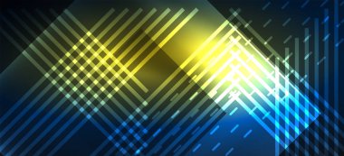 Arka plan duvar kağıtları, parlak çizgiler ve geometrik şekiller. Yapay Zeka teknolojisi, engelleme zinciri, iletişim, 5G, bilim, iş ve teknoloji konsepti için koyu duvar kağıdı