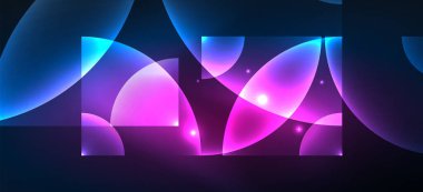 Parlak neon geometrik soyut arkaplan. Yuvarlak şekillerde, üçgenlerde ve dairelerde parlayan ışıklar. Yapay zeka teknolojisi, engelleme zinciri, iletişim için duvar kağıdı, 5G, bilim, iş
